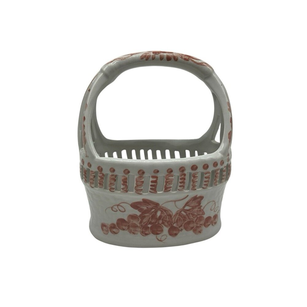 Nora Fenton Designs Ceramic White and Pink Basket Grape Pattern Made in Thailand